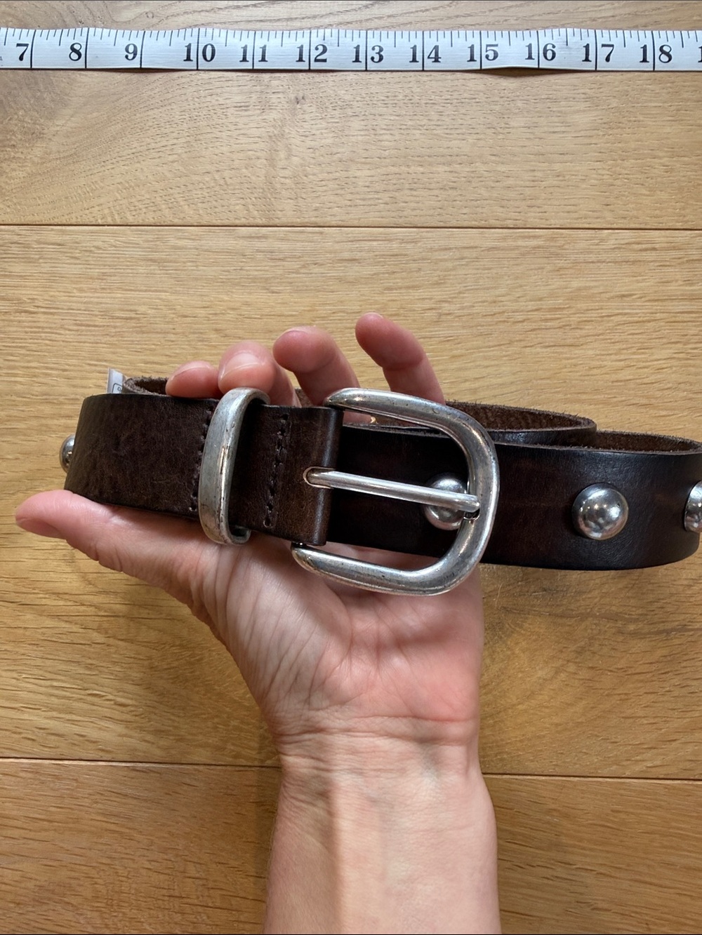Free People Brown Studded Leather Belt with Silver Buckle